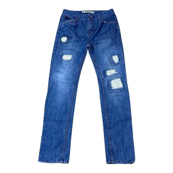 DKNY Greenwich Slim Distressed Patchwork Jeans Size 14 Blue Denim Straight Leg - Picture 1 of 5